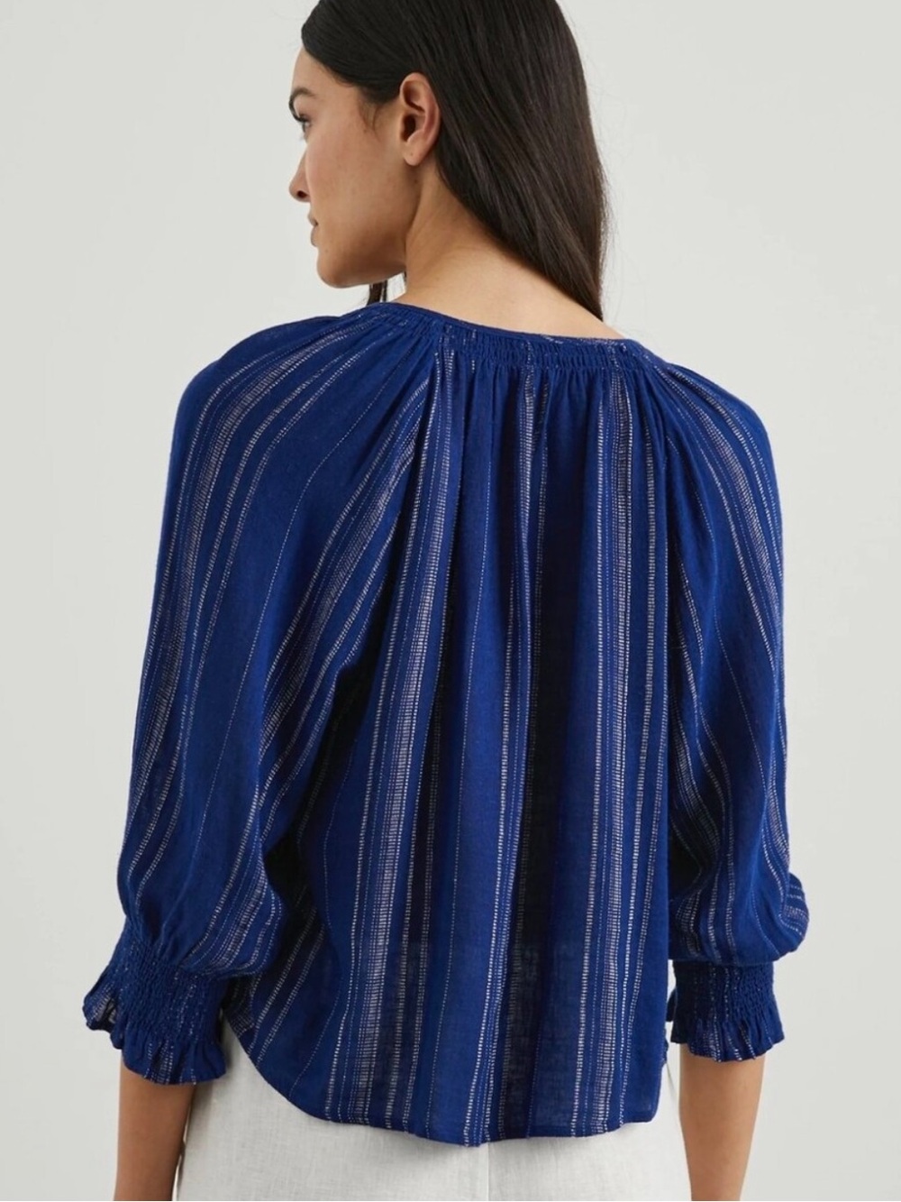Rails "Mariah" Noja Stripe Blue Linen Blend Shell Button Down Peasant Blouse Top - Picture 8 of 15